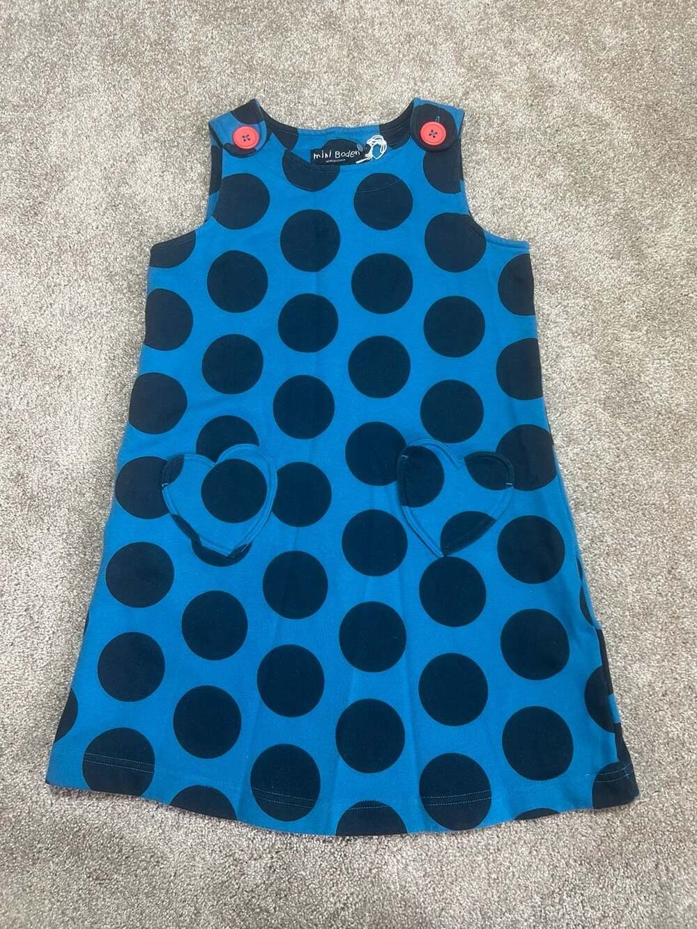 Mini Boden Pinafore Dress Size 7-8Y Blue/Navy  Polka Dot Heart Pockets